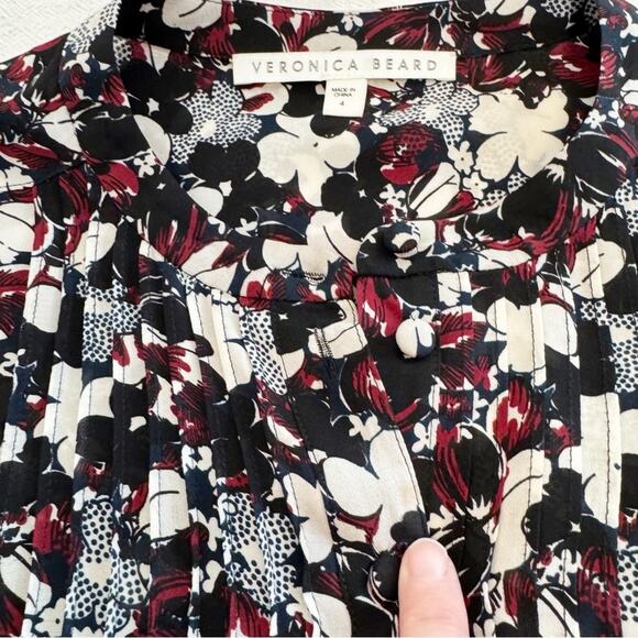 Veronica Beard Goldie Pintuck Tux Floral Silk Blouse In Multicolor Sz 4 Classic - Picture 10 of 13